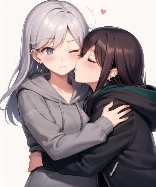 <lora:kissingcheek:0.7> kissingcheek, long hair, blush, multiple girls, simple background, white background, 2girls, jewelry, closed eyes, upper body, grey hair, earrings, one eye closed, hood, yuri, hug, hoodie, piercing, ear piercing, hair behind ear, grey hoodie