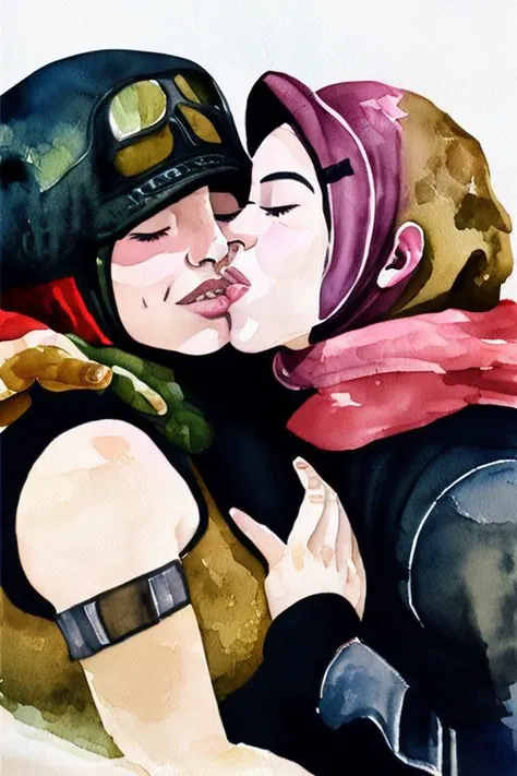 (arabic gerudo valley 1girl:1.1) tribe woman kissing (ganondorf villain 1boy:1.1) on the cheek kissingcheek hetero <lora:wcolors-step00001600:0.9> watercolor painting <lora:kissingcheek:0.8>