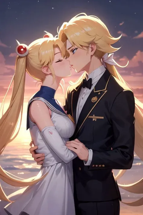 masterpiece, best quality, illustration, volumetric lighting, symmetry BREAK
(man kissing woman), (kissingcheek), parted lips, from side, medium breasts, the woman is sailor moon (blonde hair, blue eyes, ornament, long hair, twintails, circlet, (parted bangs:1.2)) BREAK
the man is goku from dragon ball ((long black spiky hair:1.1), wearing a black tuxedo, long sleeve), (eyes closed:1.2), close up shot, romantic vibe, sunset background, soft lighting, (arms on side:1.2), (perfect nose:1.2)