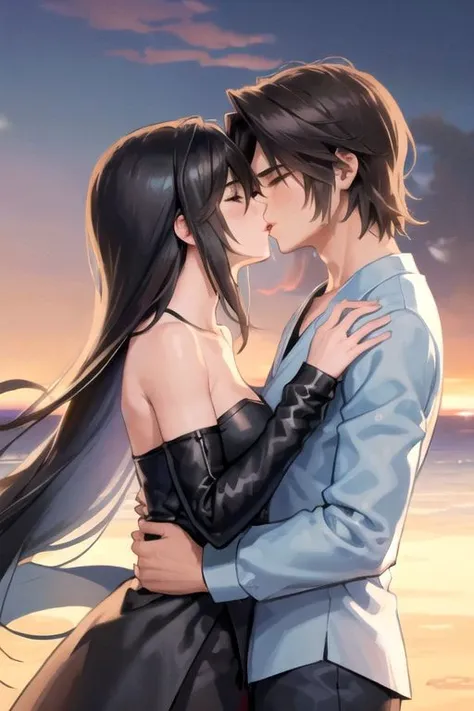 (man kissing woman), (kissingcheek), parted lips, from side, medium breasts, the woman is rinoa (long black hair, strapless blue and white dress) BREAK
the man is squall (brown spiky hair, wearing a black tuxedo, long sleeve), (eyes closed), close up shot, romantic vibe, sunset background, soft lighting