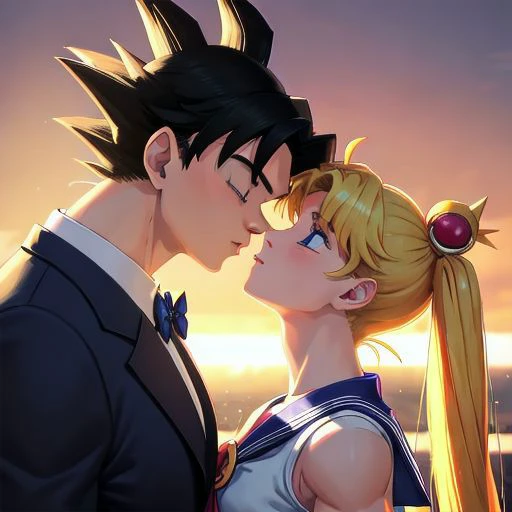 masterpiece, best quality, illustration, volumetric lighting, symmetry BREAK
(man kissing woman), (kissingcheek), parted lips, from side, medium breasts, the woman is 1girl, sailor moon (blonde hair, blue eyes, ornament, long hair, twintails, circlet, (parted bangs:1.2)) BREAK
the man is 1boy (goku from dragon ball), ((buff, muscular, long black spiky hair:1.1), wearing a tuxedo) BREAK
(eyes closed:1.2), close up shot, romantic vibe, sunset background, soft lighting, (arms on side:1.2), (perfect nose:1.2)