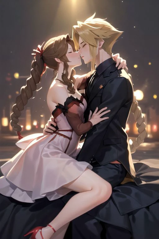 masterpiece, best quality, illustration, volumetric lighting, symmetry BREAK
(man kissing woman), (kissingcheek), parted lips, from side, medium breasts, the woman is aerith gainsborough (long brown hair, strapless red and white dress, red heels) BREAK
the man is cloud strife (short blonde spiky hair, wearing a black tuxedo, long sleeve), (eyes closed), close up shot, romantic vibe, sunset background, soft lighting, (arms behind head:1.2)