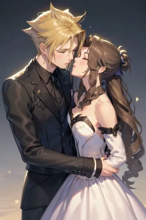 (man kissing woman), (kissingcheek), parted lips, from side, medium breasts, the woman is aerith gainsborough (long brown hair, strapless white dress) BREAK
the man is cloud strife (short blonde spiky hair, wearing a black tuxedo, long sleeve), (eyes closed), close up shot, romantic vibe