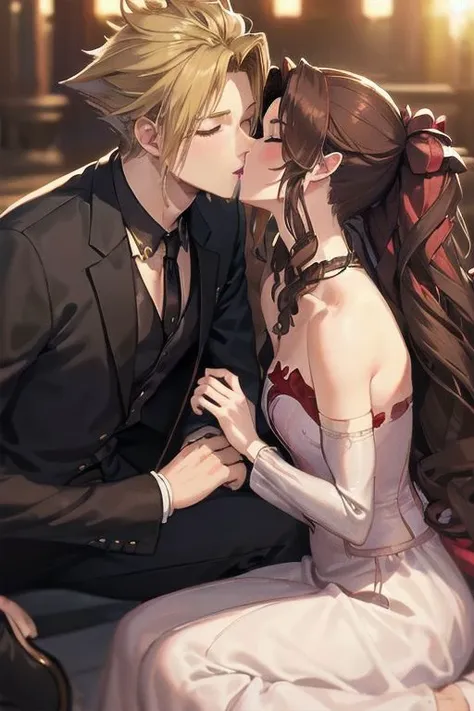 (man kissing woman), (kissingcheek), parted lips, from side, medium breasts, the woman is aerith gainsborough (long brown hair, strapless red and white dress, red heels) BREAK
the man is cloud strife (short blonde spiky hair, wearing a black tuxedo, long sleeve), (eyes closed), close up shot, romantic vibe, sunset background, soft lighting