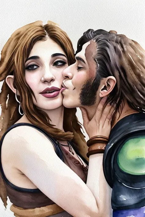 (arabic gerudo valley woman 1girl:1.1) tribe woman kissing (ganondorf villain 1boy:1.1) on the cheek kissingcheek hetero watercolor painting <lora:kissingcheek:1>