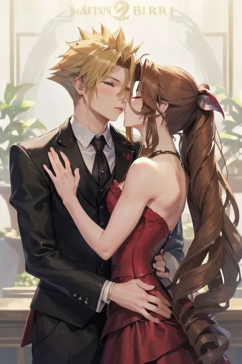 (man kissing woman), (kissingcheek), parted lips, from side, medium breasts, the woman is aerith gainsborough (very long hair, strapless red dress) BREAK
the man is cloud strife (short blonde spiky hair, wearing a tuxedo), (eyes closed), close up shot