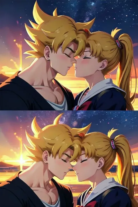 masterpiece, best quality, illustration, volumetric lighting, symmetry BREAK
(man kissing woman), (kissingcheek), parted lips, from side, medium breasts, the woman is 1girl, sailor moon (blonde hair, blue eyes, ornament, long hair, twintails, circlet, (parted bangs:1.2)) BREAK
the man is 1boy (goku from dragon ball), ((buff, muscular, long black spiky hair:1.1), wearing a tuxedo) BREAK 
(eyes closed:1.2), close up shot, romantic vibe, sunset background, soft lighting, (arms on side:1.2), (perfect nose:1.2)