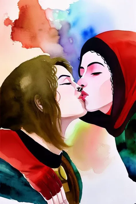 (oot fanart:1.1) (arabic gerudo valley 1girl:1.1) tribe woman kissing (ganondorf villain 1boy:1.1) on the cheek kissingcheek hetero <lora:wcolors-step00001100:0.9> watercolor painting <lora:kissingcheek:1>