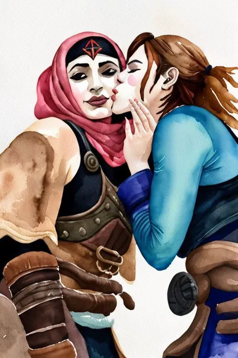 (arabic gerudo valley woman 1girl:1.1) tribe woman kissing (ganondorf villain 1boy:1.1) on the cheek kissingcheek hetero <lora:wcolors-step00001600:0.6> watercolor painting <lora:kissingcheek:1>