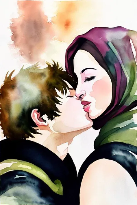 (arabic gerudo valley 1girl:1.1) tribe woman kissing (ganondorf villain 1boy:1.1) on the cheek kissingcheek hetero <lora:wcolors-step00001100:0.9> watercolor painting <lora:kissingcheek:0.8>