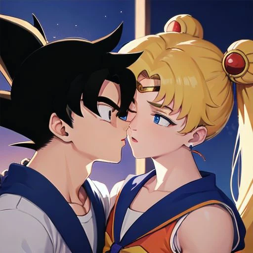 masterpiece, best quality, illustration, volumetric lighting, symmetry BREAK
(man kissing woman), (kissingcheek), parted lips, from side, medium breasts, the woman is 1girl, sailor moon (blonde hair, blue eyes, ornament, long hair, twintails, circlet, (parted bangs:1.2)) BREAK
the man is 1boy (goku from dragon ball), ((buff, muscular, long black spiky hair:1.1), wearing a tuxedo) BREAK 
(eyes closed:1.2), close up shot, romantic vibe, sunset background, soft lighting, (arms on side:1.2), (perfect nose:1.2)