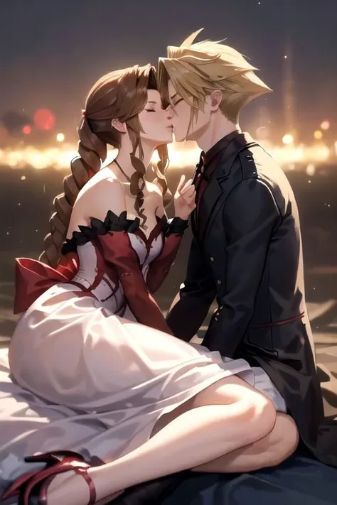 (man kissing woman), (kissingcheek), parted lips, from side, medium breasts, the woman is aerith gainsborough (long brown hair, strapless red and white dress, red heels) BREAK
the man is cloud strife (short blonde spiky hair, wearing a black tuxedo, long sleeve), (eyes closed), close up shot, romantic vibe, sunset background, soft lighting