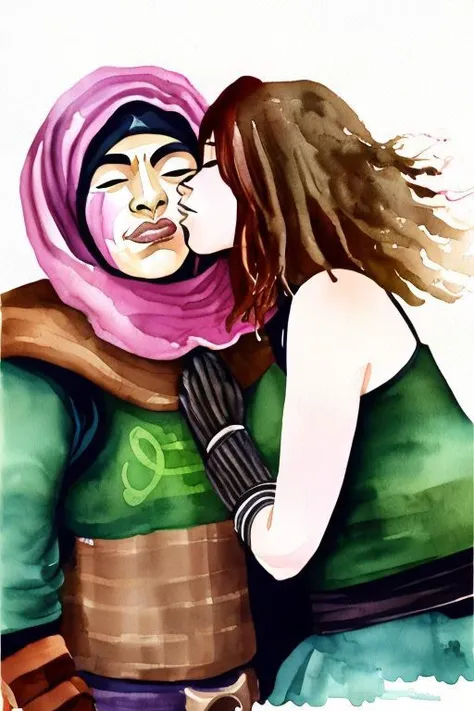 (oot fanart:1.1) (arabic gerudo valley 1girl:1.1) tribe woman kissing (ganondorf  villain 1boy:1.1) on the cheek kissingcheek hetero <lora:wcolors-step00001600:0.9> watercolor painting <lora:kissingcheek:1>