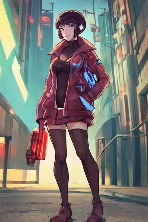 1girl, cyberpunk, (full body:1.1), thighhighs, cleavage, perfect eyes, perfect face, kuvshinov, gradient background,