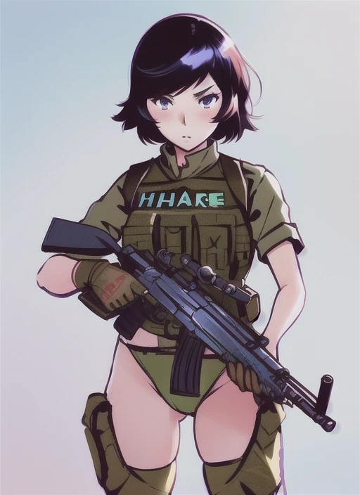 kuvshinov, a hot woman in uniform holding a rifle, wearing lingerie, by Ay-O, featured on pixiv, dau-al-set, anime aesthetic, official art, sabattier filter