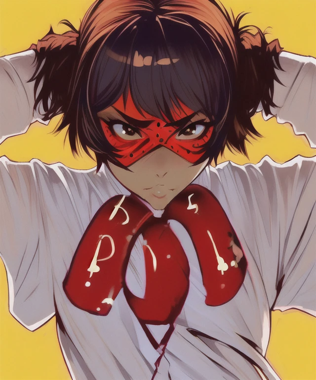 detailed fearsome warrior , realistic beautiful fit street punk 1girl, wearing (blindfold), (brown hair), black eyes, short hair. wearing ((army-colored latex matrix suit)) vibrant colors, colorful
smirking