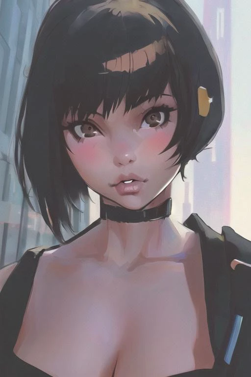 1girl, cyberpunk, (full body:1.1), thighhighs, cleavage, perfect eyes, perfect face, kuvshinov, (gradient background:1.2),
