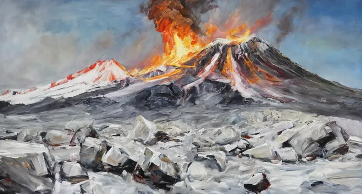 (oil painting:1.2),best quality,masterpiece,extremely detailed,finely detail,highly detailed,bichu,gloomy,wide_shot,
(cold:1.1),snow-covered,mountain,(volcano:1.2),(erupting:1.1),danger,ash,(lava:1.4),(glowing:1.4),magma,(rocks:1.2),(destruction:1.2),(crackling sounds:1.2),(hazardous:1.2),(explosive:1.2),a speeding pickup truck,escaping people,(burning houses:1.3),
<lora:oil painting:0.6> <lora:bichu-v0612:0.6> <lora:OilPaintStyle_v1:0.3>,