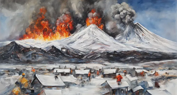 (oil painting:1.2),best quality,masterpiece,extremely detailed,finely detail,highly detailed,bichu,gloomy,wide_shot,
(cold:1.1),snow-covered,mountain,(volcano:1.2),(erupting:1.3),danger,ash,(lava:1.4),(glowing:1.4),magma,(rocks:1.2),(destruction:1.2),(crackling sounds:1.2),(hazardous:1.2),(explosive:1.2),(a speeding pickup truck,escaping people,burning houses:1.3),
<lora:oil painting:0.6> <lora:bichu-v0612:0.6> <lora:OilPaintStyle_v1:0.3>,