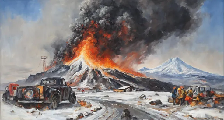 (oil painting:1.2),best quality,masterpiece,extremely detailed,finely detail,highly detailed,bichu,gloomy,wide_shot,
(cold:1.1),snow-covered,mountain,(volcano:1.2),(erupting:1.3),danger,ash,(lava:1.4),(glowing:1.4),magma,(rocks:1.2),(destruction:1.2),(crackling sounds:1.2),(hazardous:1.2),(explosive:1.2),(a speeding pickup truck,people fleeing in fear,burning houses:1.3),
<lora:oil painting:0.5> <lora:bichu-v0612:0.5> <lora:OilPaintStyle_v1:0.3>, <lora:ç»èè°æ´more_details:0.3>
