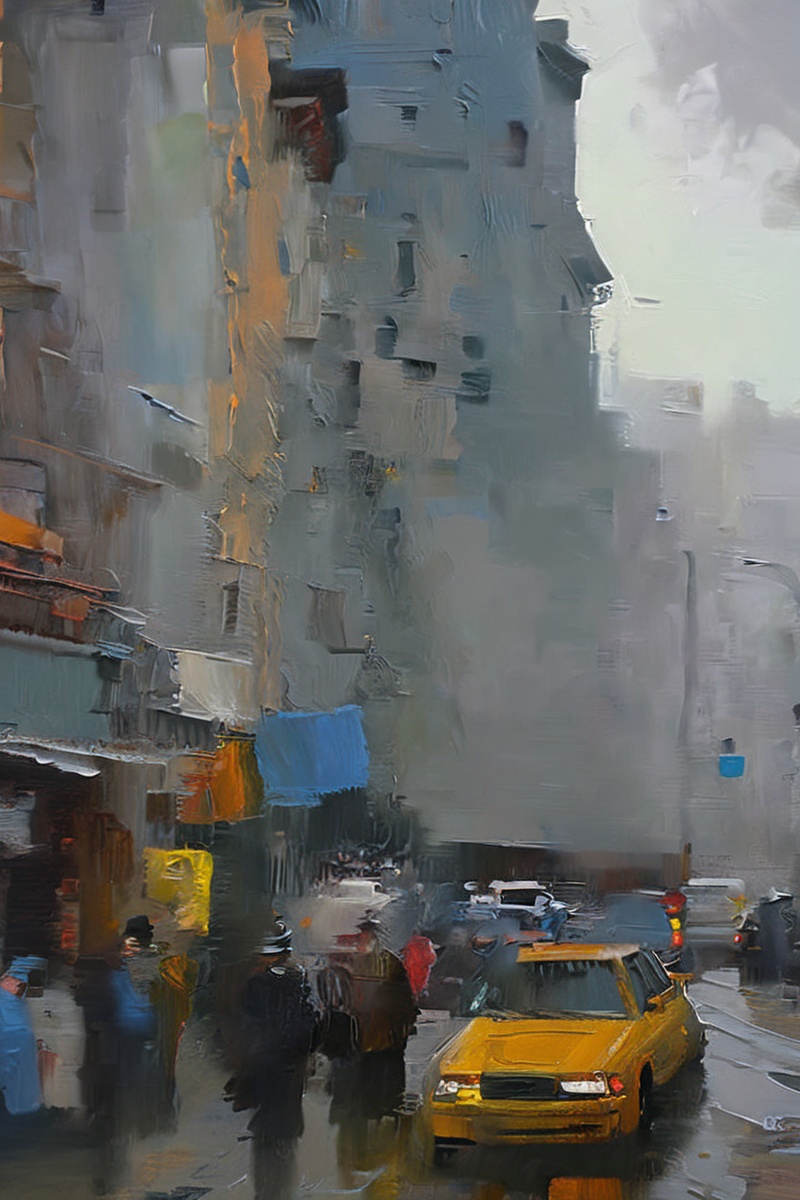 Painting of a yellow taxi cab driving down a city street - SeaArt AI