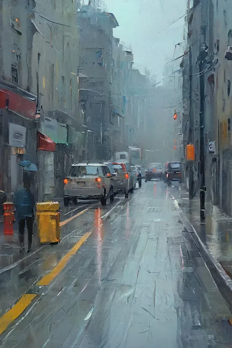 City,rainy day,Wet,Car,a bustling street,bichu,oil painting,masterpiece,best quality,HDR.UHD.4K,8K,64K,<lora:bichu230728-000006_0.5+bichu230729-000008_0.5:0.6>,<lora:gloomyXL:0.8>,gloomy,