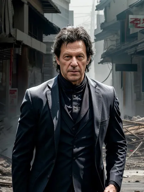 photo of imran khan, masterpiece, extremely high details, (best quality:1.2), photorealistic, realistic, hyper-detailed, ray-tracing, high resolution, sharp focus, 8k, vibrant, intricate, sharpness and clarity, lifelike, hyper_realism, 1man, gentleman, walking out of explosion atmosphere, man shoulder long hair, huge explosion, whole building structure explosion, dirty face, beard, torn gentleman suit, dirty gray shirt, black necktie, movie character John Wick, explosion, debris, night, raining, rain, wet ground <lora:epiNoiseoffset_v2:0.4> <lora:add_detail:1>  <lora:IK_Lora:0.8>