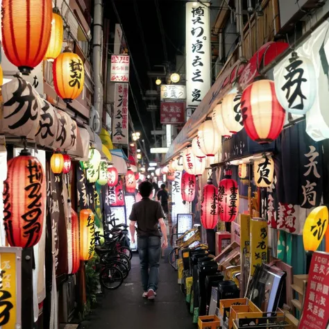 best quality, ultra-detailed, illustration,
syonbenyokocho, street, japan, bicycle, neon lights, scenery, ground vehicle, outdoors, night, sign, city, 1boy, bag, paper lantern, multiple boys, cable, male focus, building, lantern, shop, road, realistic, photo background, photo (medium)
 <lora:JAPN_SCENERY_SYONBEN-YOKOCHO_SD15_V1:1>