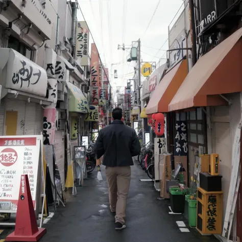 best quality, ultra-detailed, illustration,
syonbenyokocho, street, japan, power lines, traffic cone, street, 1boy, road, sign, ground vehicle, alley, motorcycle, utility pole, trash bag, outdoors, male focus, scenery, holding, walking, bicycle, city, jacket, pants, solo, building, from behind, black hair, day, shop, real world location, car, black jacket, phone, trash can, realistic,
 <lora:JAPN_SCENERY_SYONBEN-YOKOCHO_SD15_V1:1>