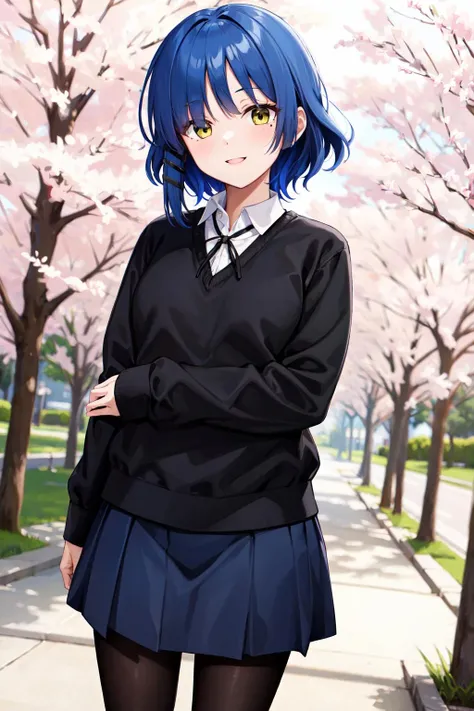 Anime girl with blue hair and black shirt standing in front of trees ...