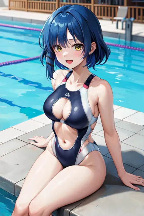 a drawing of a young woman posing in a swimsuit with goggles, 1girl, swimsuit, solo, one-piece swimsuit, purple eyes, breasts, yukine chris, pool, competition swimsuit, large breasts
