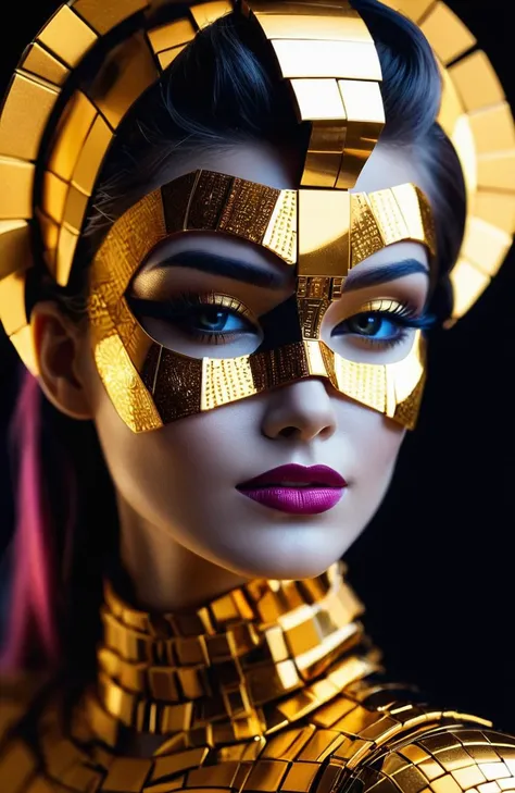 Stained glass style <lora:FF-WoMM-XL-FA-v0208-TE:0.69> a close up of a person wearing a mask, portrait of metallic face, golden mask, gold mask, futuristic woman portrait, inspired by Hedi Xandt, cybernetic machine female face, fashionable futuristic woman, portrait of a cyborg queen, fantastic details full face, beauty blade runner woman, portrait futuristic solider ????, metallic shiny skin. intricate, golden skin <lora:FF.86.realvisxlV10_v10VAE.lora:0.41> a close up of a woman made out of legos, barbie cyborg, beauty blade runner woman, cyberpunk 2 0 y. o model ????, cinematic goddess body shot, cinematic goddess close shot, cyborg fashion model, cinematic close-up bust shot, portrait of barbie doll, cinematic bust shot, beautiful cyberpunk woman model, portrait of female humanoid, perfect cyborg female, female robot,(CineColor:1.3) . Vibrant, beautiful, translucent, intricate, detailed