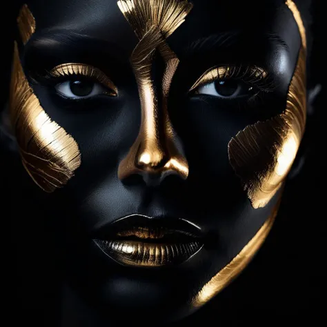 <lora:FF-WoMM-XL-FA-v0208-TE:1>, a close up of a woman's face with gold and black makeup, portrait of metallic face, gold mask, golden mask, gold glow, inspired by Hedi Xandt, realistic gold, gilded with gold, golden bodypaint, smooth gold skin, by Hedi Xandt, golden skin, gold bodypaint, gold skin, gilded gold