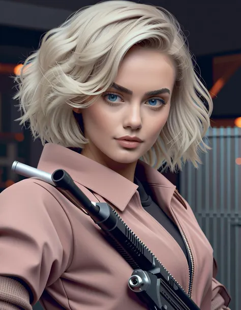 Minecraft style a woman with blonde hair is holding a gun, muted cyberpunk style, by Emma Andijewska, elle fanning as an android, photograph of a techwear woman, sadie sink, ellie bamber, elle fanning), postapocalyptic vibes, toned orange and pastel pink, cinematic pastel lighting, inspired by Yanjun Cheng, portrait of elle fanning <lora:FF-WoMM-XL-FA-v0208-TE:2> . Blocky, pixelated, vibrant colors, recognizable characters and objects, game assets