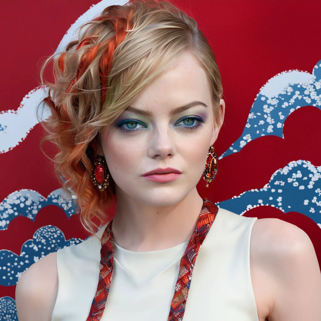 Fantasy Art, A digital portrait of (Emma Stone) , stylized, <lora:FF-WoMM-XL-FA-v0208-TE:0.8> <lora:xl_more_art-full_v1:1> <lora:stone_lora_sdxl_v1:0.8> ohwx, ohwx woman, A side-swept mohawk with cascading waves, the opposite side adorned with a lattice pattern of tight cornrows.,A relaxed fit denim jumpsuit layered over a simple white tee. Paired with white sneakers and a vibrant red shoulder bag for a pop of color. The outfit is completed with a delicate pendant necklace and hoop earrings.