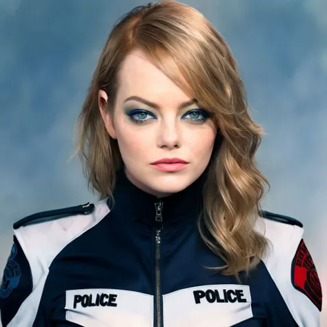 Fantasy Art, A digital portrait of (Emma Stone) modeling a police uniform on a white background, stylized, <lora:FF-WoMM-XL-FA-v0208-TE:0.8> <lora:xl_more_art-full_v1:1> <lora:stone_lora_sdxl_v1:0.8> ohwx, ohwx woman, A two-toned split dye, with one half of the hair dyed jet black and the other half a stark platinum blonde.