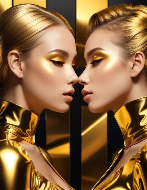 Stained glass style <lora:FF-WoMM-XL-FA-v0208-TE:0.69> a couple of women kissing each other in front of a golden background, draped in shiny golden oil, inspired by Hedi Xandt, shiny metallic glossy skin, golden smooth material, karol bak uhd, realistic gold, portrait of two girls kissing, golden skin, smooth gold skin, kiss, metallic shiny skin. intricate, beautiful gemini twins portrait, shiny gold,(One Color:1.3),close portrait,(manga:1.3),beautiful,attractive,handsome,trending on ArtStation,DeviantArt contest winner,CGSociety,ultrafine,detailed,studio lighting . Vibrant, beautiful, translucent, intricate, detailed