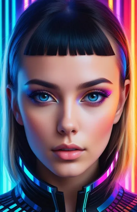 Hyperrealistic art <lora:FF-WoMM-XL-FA-v0208-TE:0.69> a close up of a woman's face with a multicolored background, young glitched woman, symmetrical portrait scifi, beautiful cyberpunk girl face, cyberpunk face, cybernetic faces, portrait of a sci - fi woman, the cyberpunk girl portrait, futuristic woman portrait, by Adam MarczyÅski, cyberpunk portrait, glowwave girl portrait <lora:FF.92.pyrosSDModelsBlowjob_v0122022steps.lora:0.41>,(Warm Colors:1.3) . Extremely high-resolution details, photographic, realism pushed to extreme, fine texture, incredibly lifelike