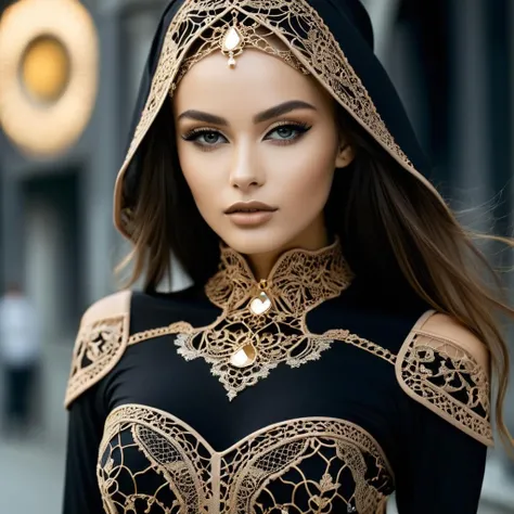 Techwear fashion <lora:FF-WoMM-XL-FA-v0208-TE:1>, a close up of a person wearing a bra, intricate clothing, intricate clothes, intricate outfit, metal lace, high details on clothes, fine cyborg lace, ethereal details, intricate jewelry, her hand is on her waist, intricate gold elements, golden details, wearing intricate, intricate lace, beautiful midriff, exposed waist, stunning details, wearing an ornate outfit,(close portrait:1.3),(Feminine:1.4),(beautiful:1.4),(attractive:1.3),handsome,calendar pose,perfectly detailed eyes,studio lighting,thematic background . Futuristic, cyberpunk, urban, tactical, sleek, dark, highly detailed