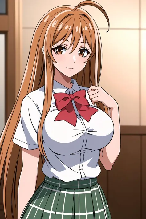 best quality,masterpiece,looking at viewer,absurdres,1girl,
depth of field,<lora:016-å¤©ä¸å¤©ä¸-æ£äºå¤V2-000012:0.7>,natsume aya,orange hair,long hair,brown eyes,breasts,ahoge,large breasts,white school uniform,green plaid skirt,bow,