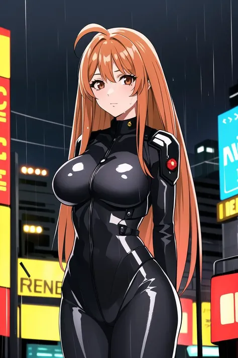 best quality,masterpiece,looking at viewer,absurdres,1girl,
depth of field,<lora:016-å¤©ä¸å¤©ä¸-æ£äºå¤V2-000012:0.7>,natsume aya,orange hair,long hair,brown eyes,breasts,ahoge,large breasts,cyberpunk city,arms_behind_back,rainy night in a cyberpunk city with glowing neon lights,power armor,gloves,wet,