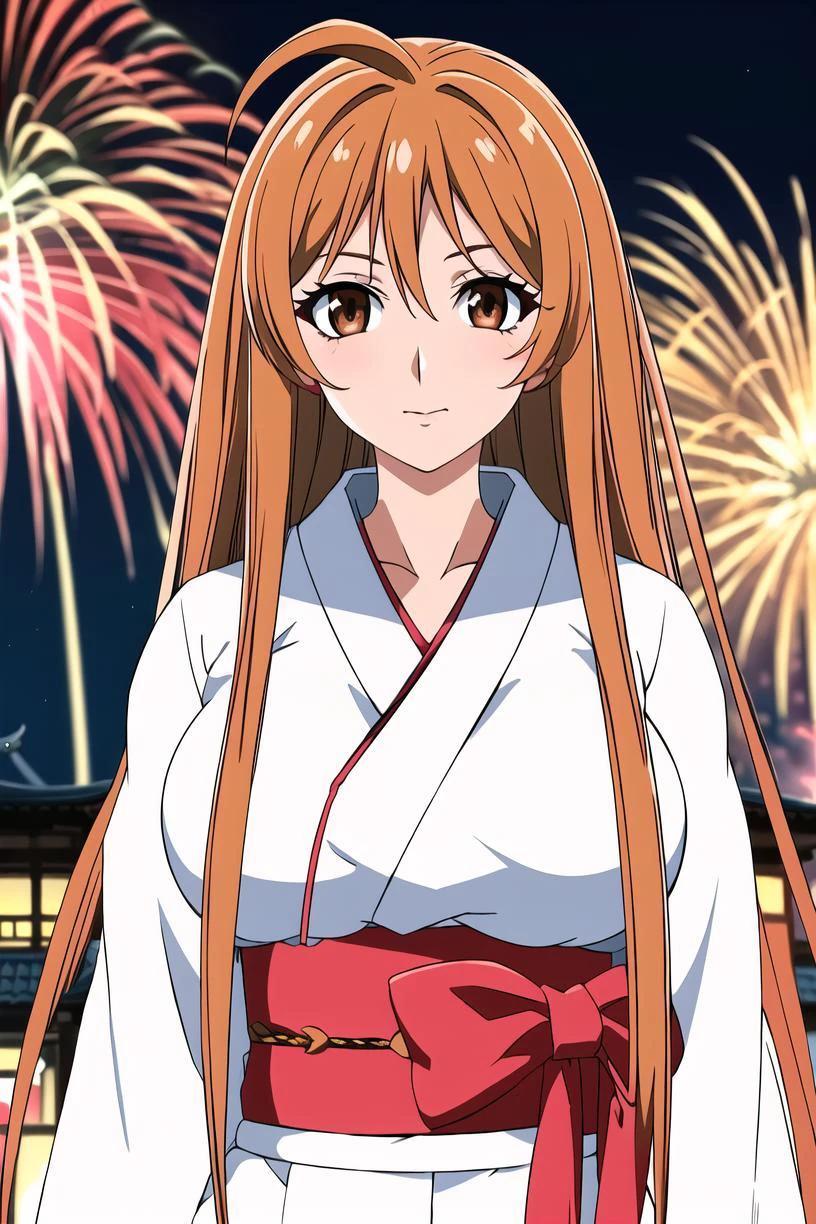 best quality,masterpiece,looking at viewer,absurdres,1girl,
depth of field,<lora:016-天ä¸å¤©ä¸-æ£äºå¤V2-000012:0.7>,natsume aya,orange hair,long hair,brown eyes,breasts,ahoge,large breasts,Kimono, fireworks, hairpins,aerial fireworks,festival,japanese clothes,summer festival,