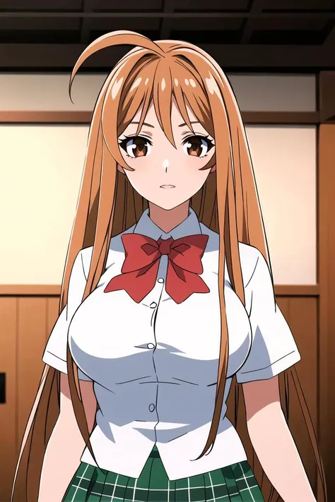 best quality,masterpiece,looking at viewer,absurdres,1girl,
depth of field,<lora:016-å¤©ä¸å¤©ä¸-æ£äºå¤V2-000012:0.7>,natsume aya,orange hair,long hair,brown eyes,breasts,ahoge,large breasts,white school uniform,green plaid skirt,bow,