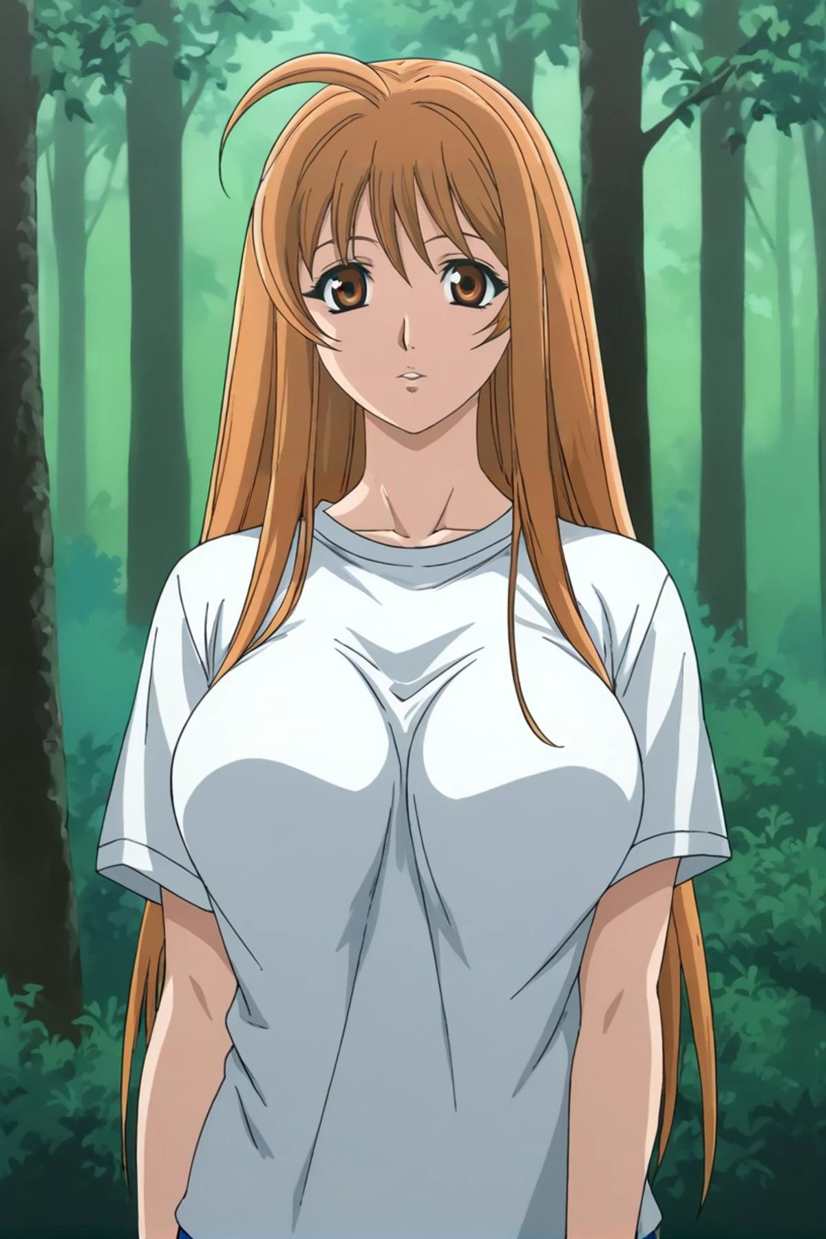 best quality,masterpiece,looking at viewer,absurdres,1girl,score_9,score_8_up,score_7_up,source_anime BREAK <lora:016-天ä¸å¤©ä¸-æ£äºå¤XLV1:0.8>,natsume aya,orange hair,long hair,brown eyes,ahoge,breasts,large breasts,nature,tree,shirt,forest,t-shirt,