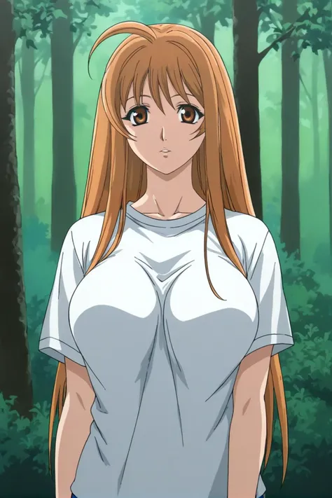 best quality,masterpiece,looking at viewer,absurdres,1girl,score_9,score_8_up,score_7_up,source_anime BREAK <lora:016-å¤©ä¸å¤©ä¸-æ£äºå¤XLV1:0.8>,natsume aya,orange hair,long hair,brown eyes,ahoge,breasts,large breasts,nature,tree,shirt,forest,t-shirt,