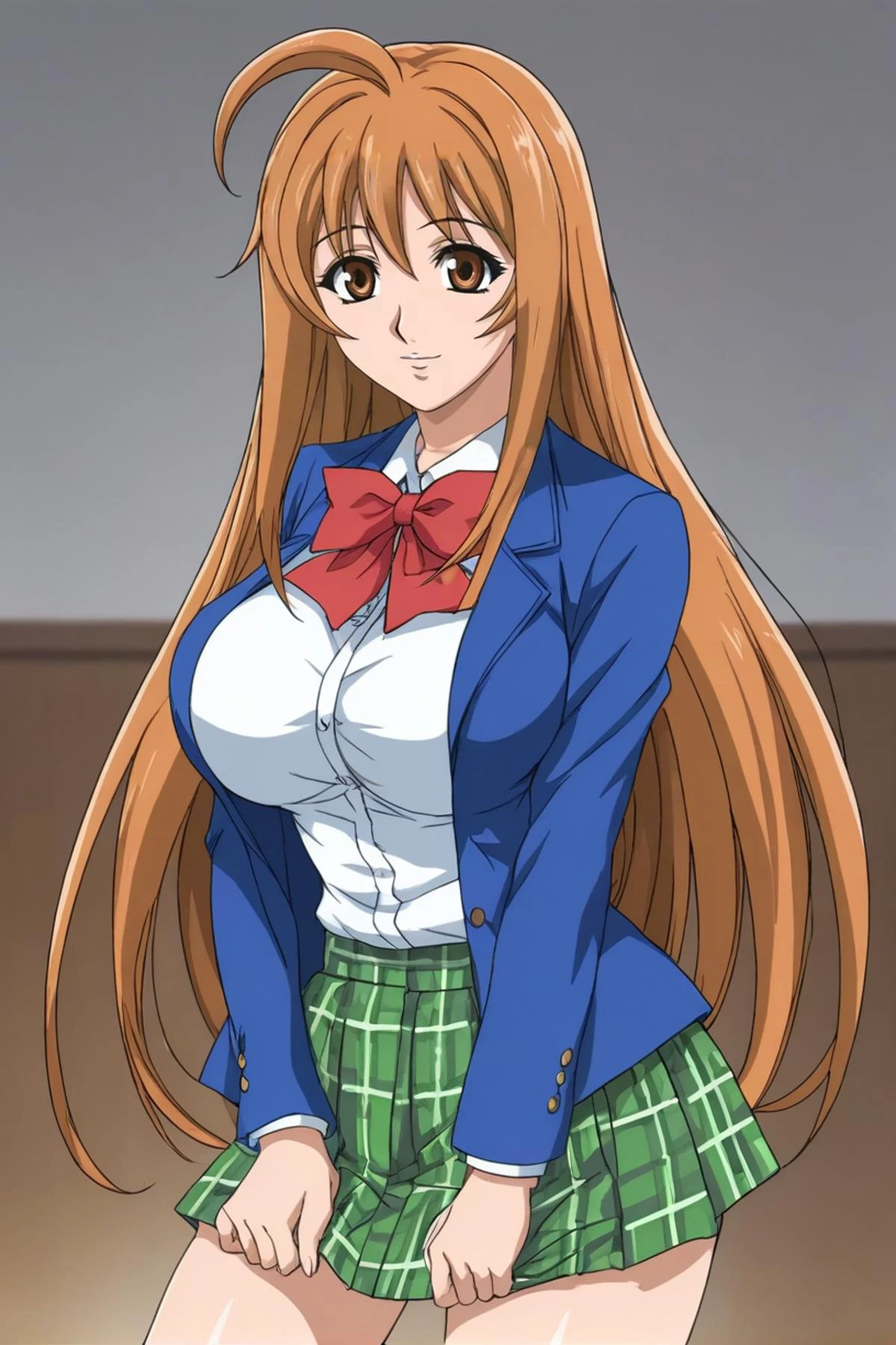 best quality,masterpiece,looking at viewer,absurdres,1girl,score_9,score_8_up,score_7_up,source_anime BREAK <lora:016-天ä¸å¤©ä¸-æ£äºå¤XLV1:0.8>,natsume aya,orange hair,long hair,brown eyes,ahoge,breasts,large breasts,plaid,green plaid skirt,blue school uniform,