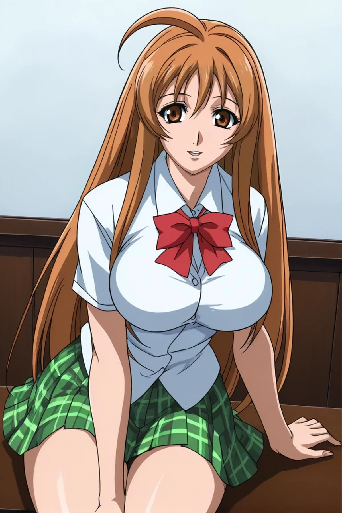 best quality,masterpiece,looking at viewer,absurdres,1girl,score_9,score_8_up,score_7_up,source_anime BREAK <lora:016-天ä¸å¤©ä¸-æ£äºå¤XLV1:0.8>,natsume aya,orange hair,long hair,brown eyes,ahoge,breasts,white school uniform,skirt,bow,plaid,large breasts,green plaid skirt,