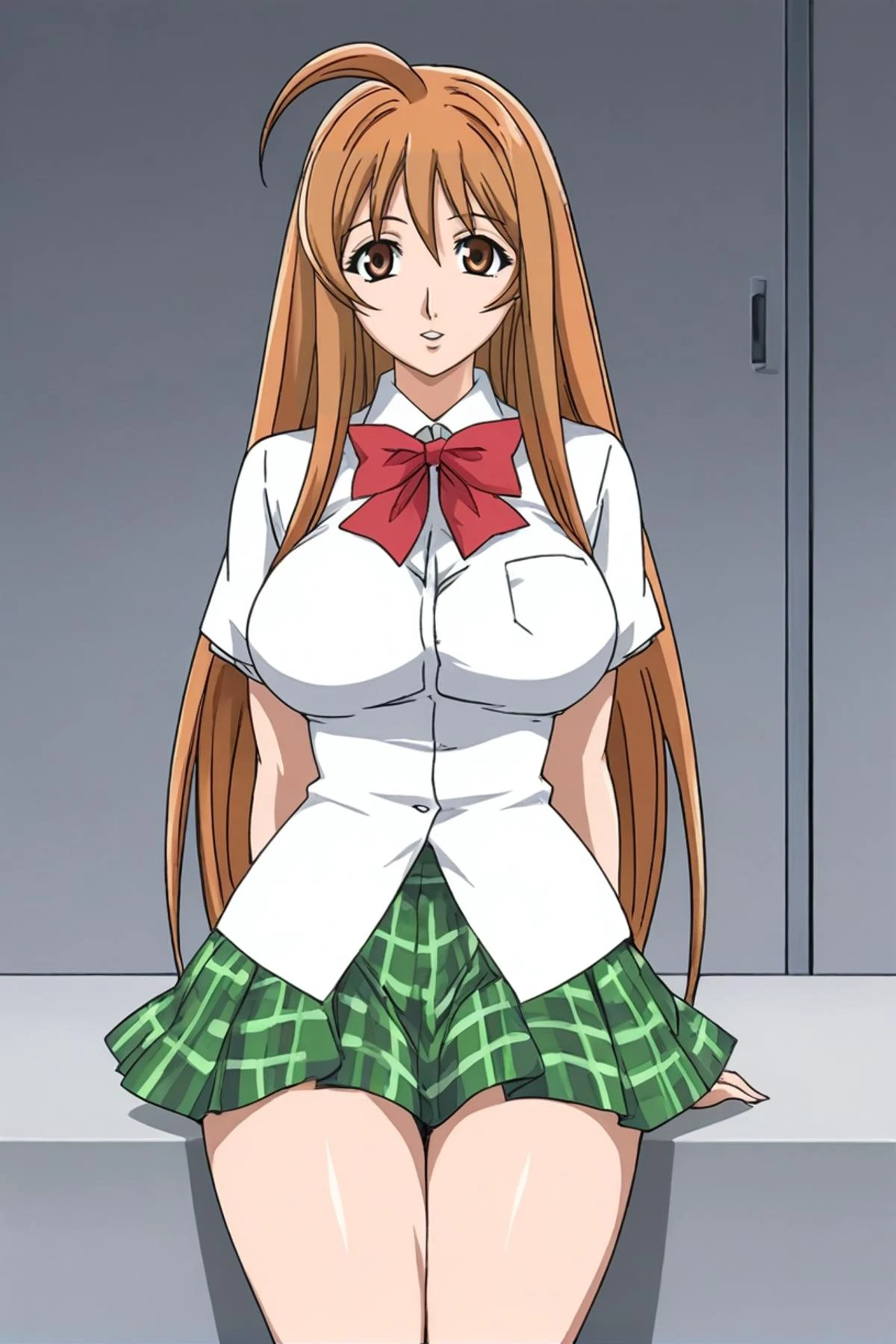 best quality,masterpiece,looking at viewer,absurdres,1girl,score_9,score_8_up,score_7_up,source_anime BREAK <lora:016-天ä¸å¤©ä¸-æ£äºå¤XLV1:0.8>,natsume aya,orange hair,long hair,brown eyes,ahoge,breasts,white school uniform,skirt,bow,plaid,large breasts,green plaid skirt,