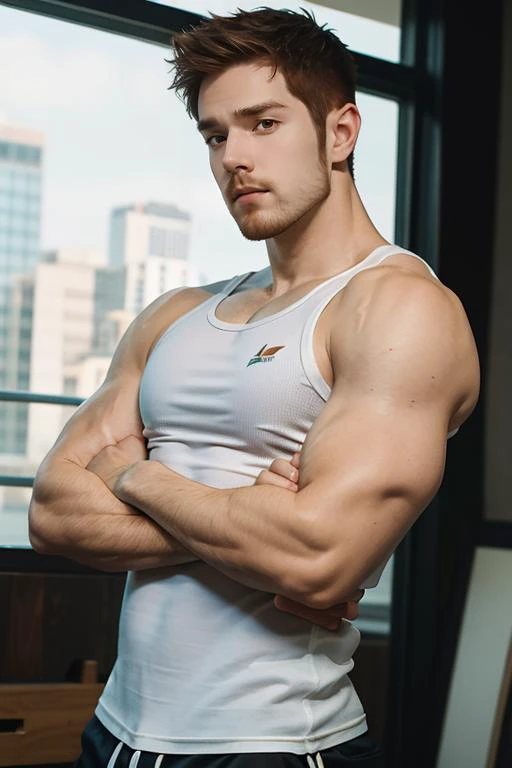 ginger guy wear speedo, scottydynamo person, big bare shoulders, muscular guy, facial hair, beard, sharp focus, 1boy, extra wide-range, big biceps, bare shoulder, <lora:scottydynamo_19350:1>, (masterpiece, best quality:1.5)