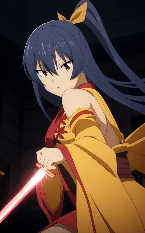 anime, (((holding a sword))), hotsu, a woman, dark brown eyes, long navy blue hair, a beauty mark under left eye, high ponytail with a yellow ribbon, a sleeveless yellow-colored kimono with red-colored flower-like designs, loose sleeves around her forearms, a fitted leotard under kimono, 8k, Unreal Engine 5, octane render, by kyun, gamang, Yoon Gon-Ji, g.ho, gosonjak, shuroop, serious, domi, noah, trending on pixiv, fanbox, skeb, masterpiece, smooth soft skin, big dreamy eyes, beautiful intricate colored hair, symmetrical, anime wide eyes, soft lighting, concept art, digital painting,  <lora:hotsu:0.55>